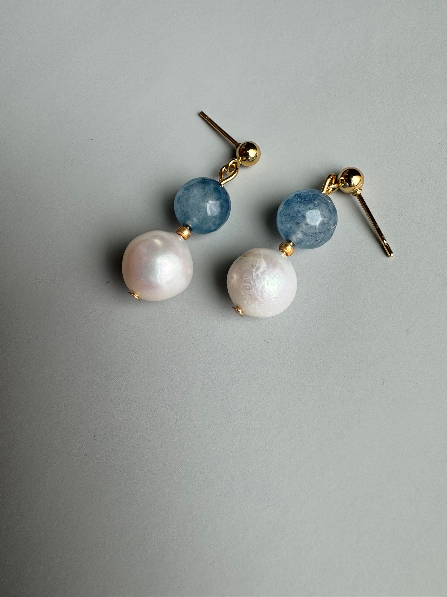 Blue Agate and Pearl Short Dangle Earrings
