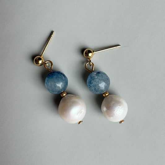 Blue Agate and Pearl Short Dangle Earrings