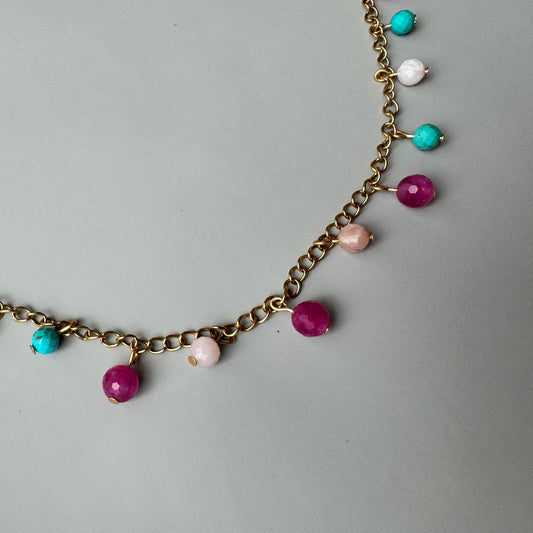 Delicate Colorful Round Turquoise and Pink stones on gold Chain Necklace
