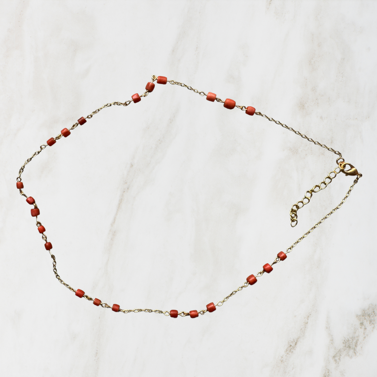 Delicate Coral Beads on Gold Chain Necklace