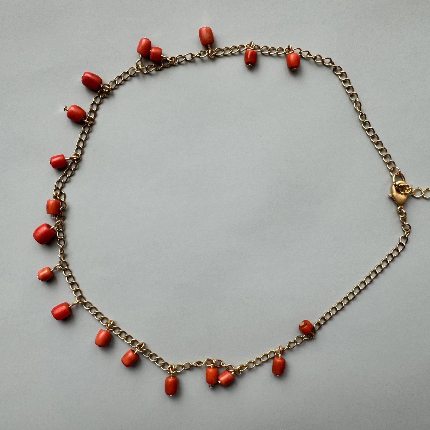 Delicate Dangly Coral Beads on Gold Chain Necklace
