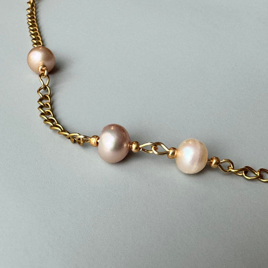 Ivory and Pink Pearls on Gold Chain Necklace - Real Freshwater Pearls