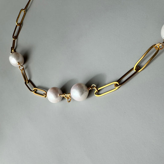 Large Baroque Edison Pearls on Gold Paperclip Chain Necklace