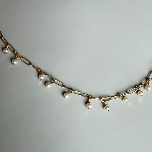 Seed Pearls on Gold Paperclip Necklace
