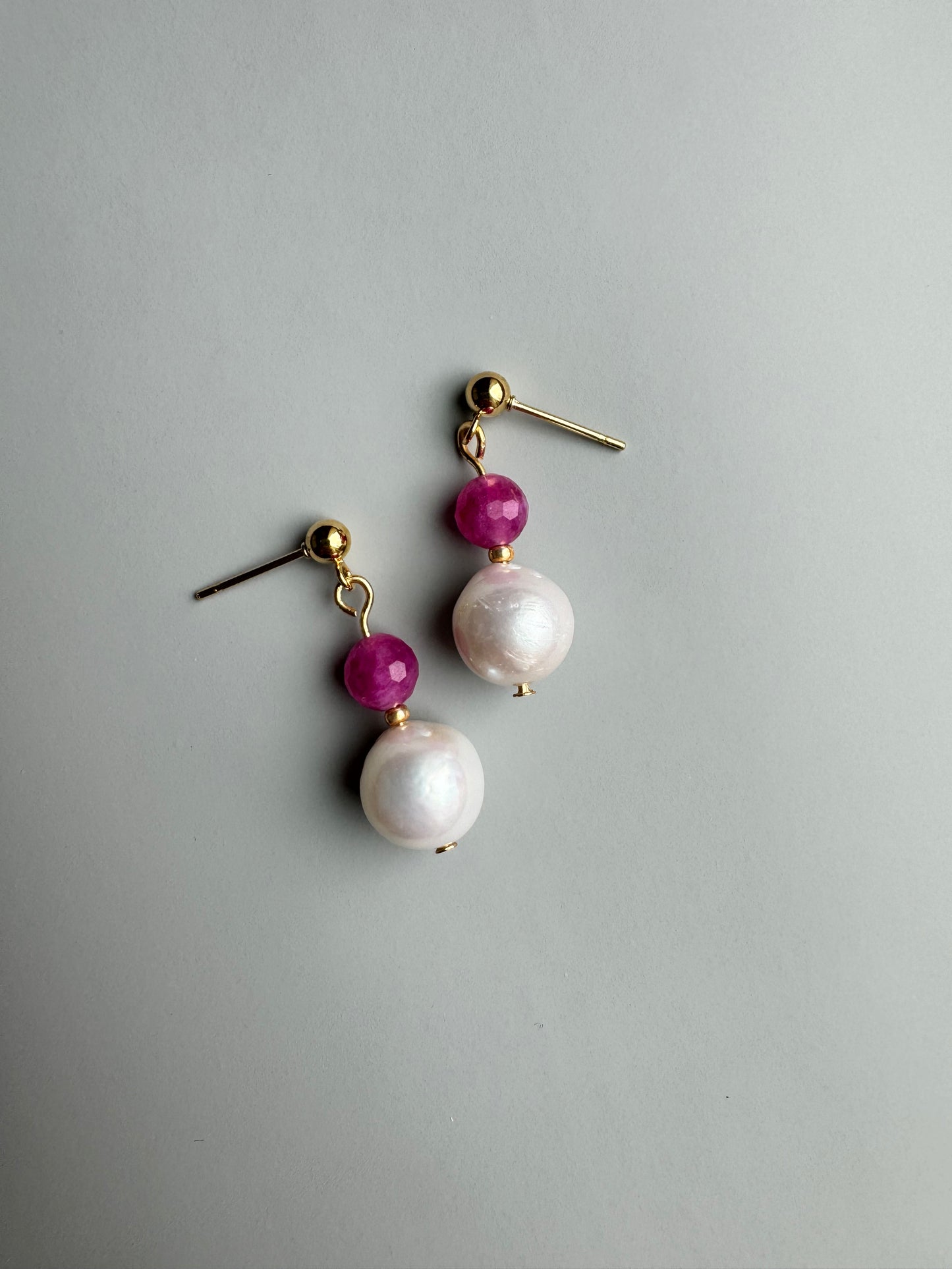 Pink Tourmaline and Pearl Short Dangle Earrings