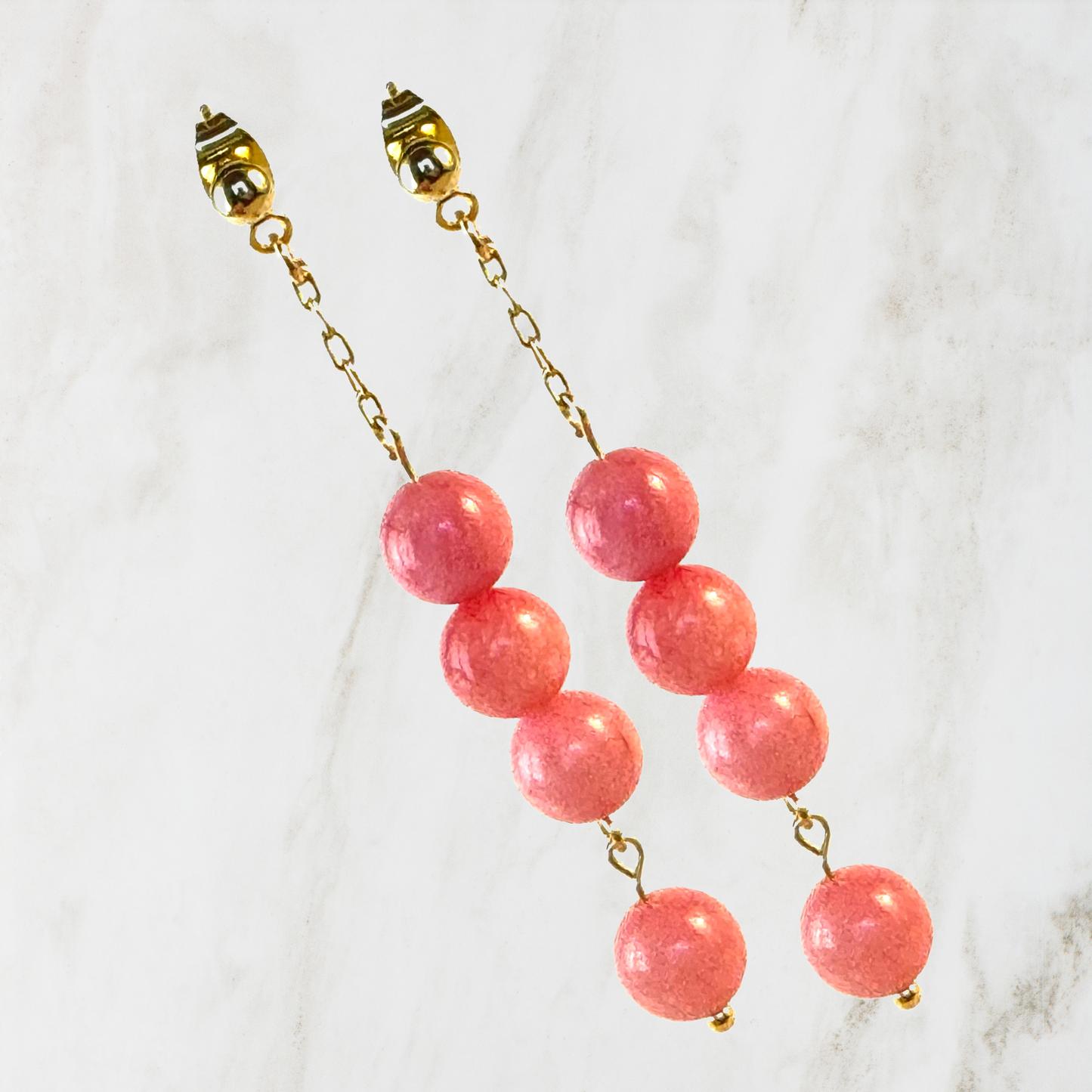 Rose Pink Tourmaline Dangle Earrings on Gold-Plated Chain