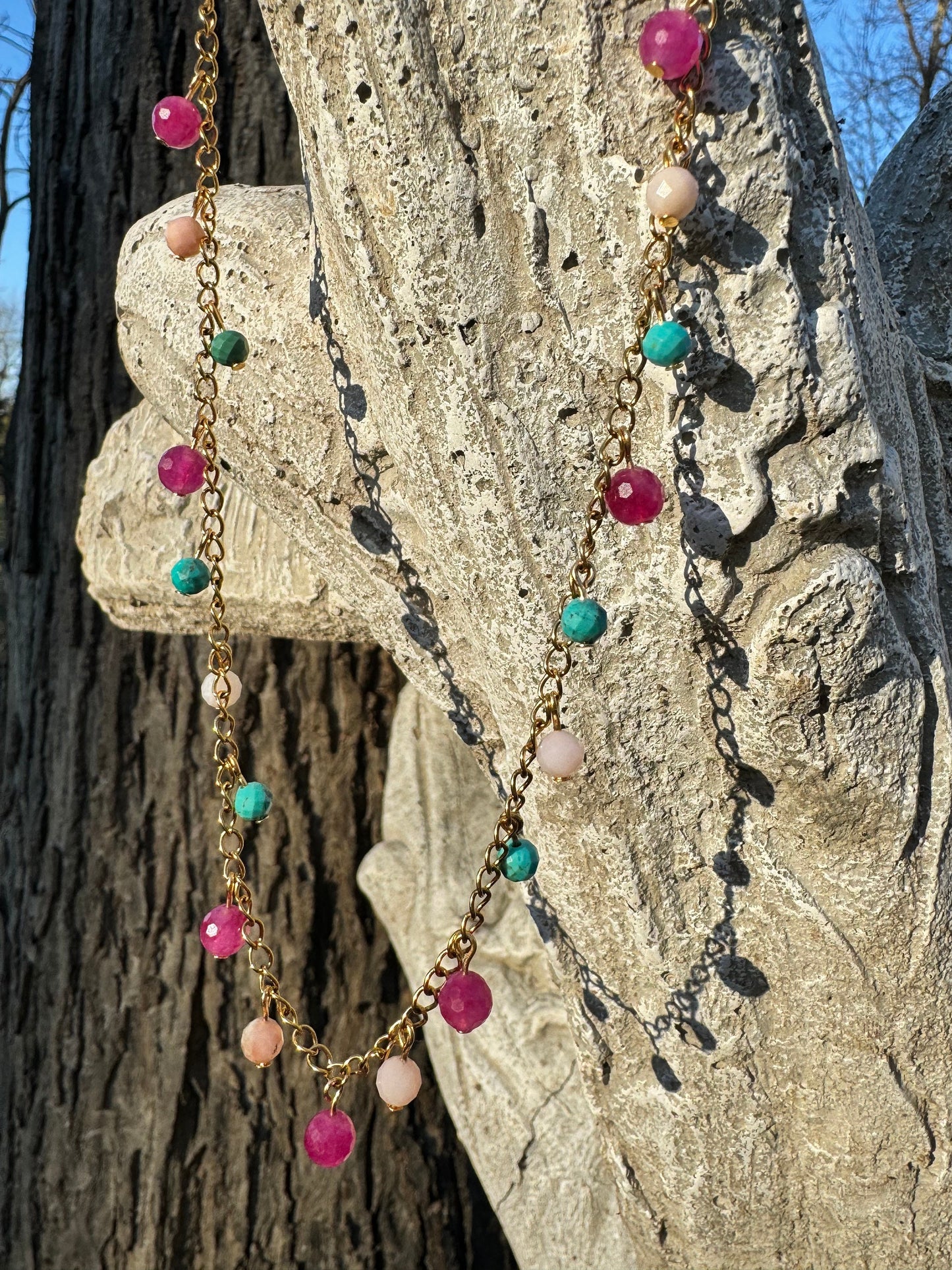 Delicate Colorful Round Turquoise and Pink stones on gold Chain Necklace
