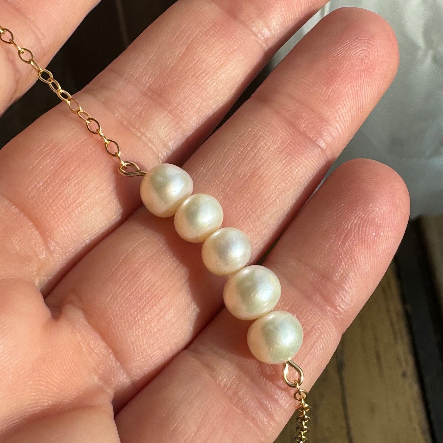 Delicate Pink and Ivory Pearls on gold Chain Necklace
