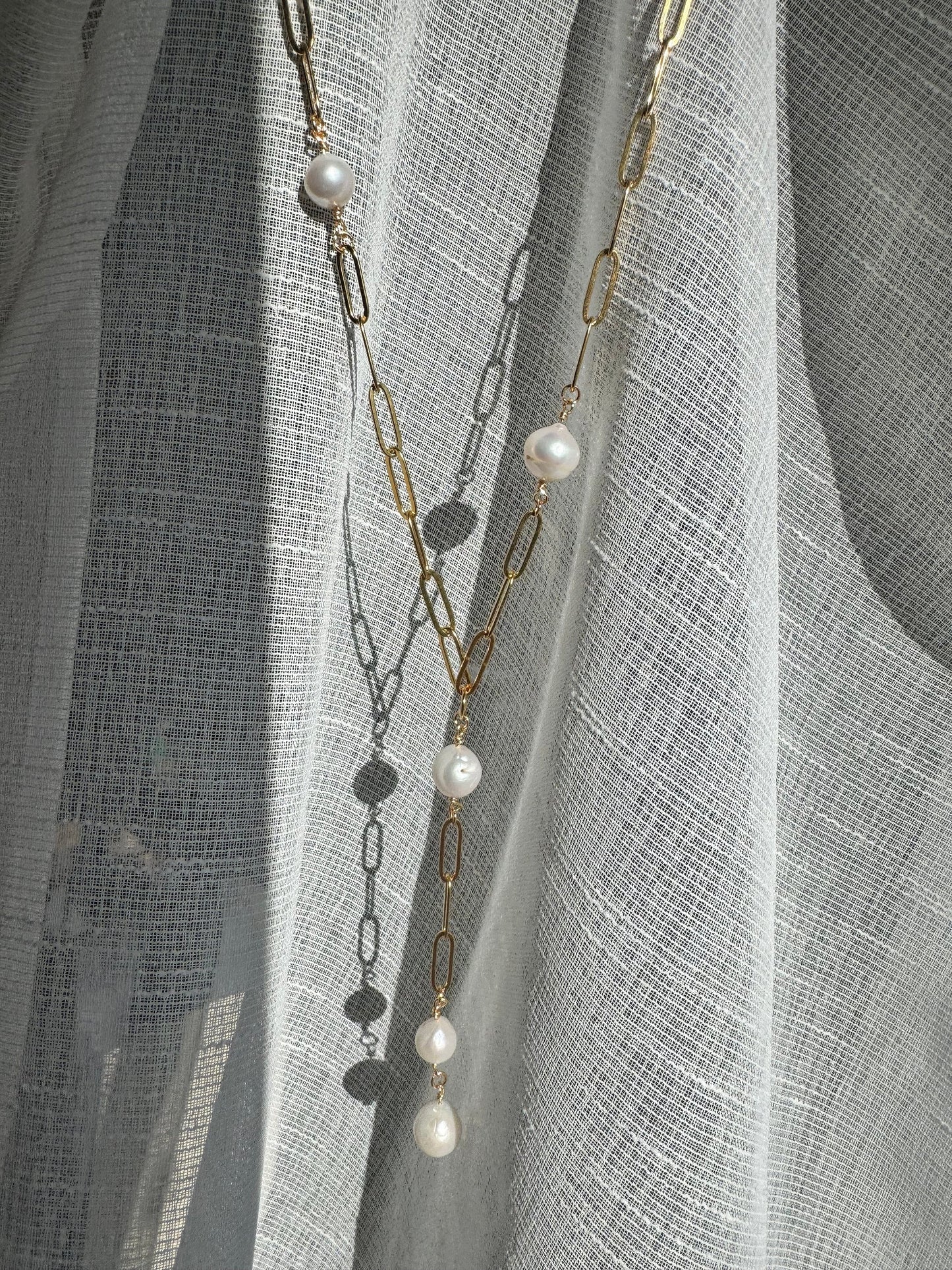 Large Baroque Edison Pearls on Gold Paperclip Long Y Chain Necklace