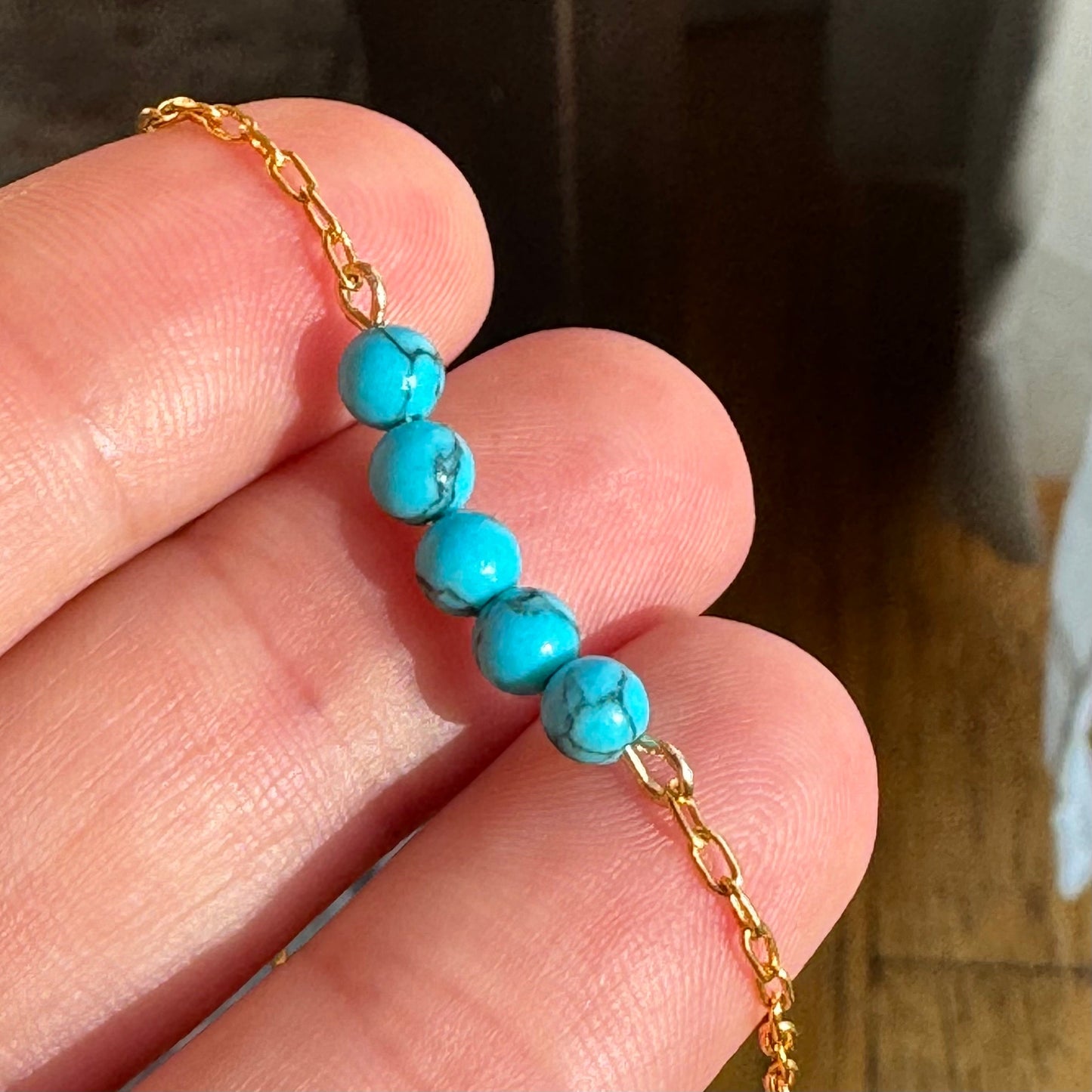 Delicate Round Turquoise stones on gold Chain Necklace