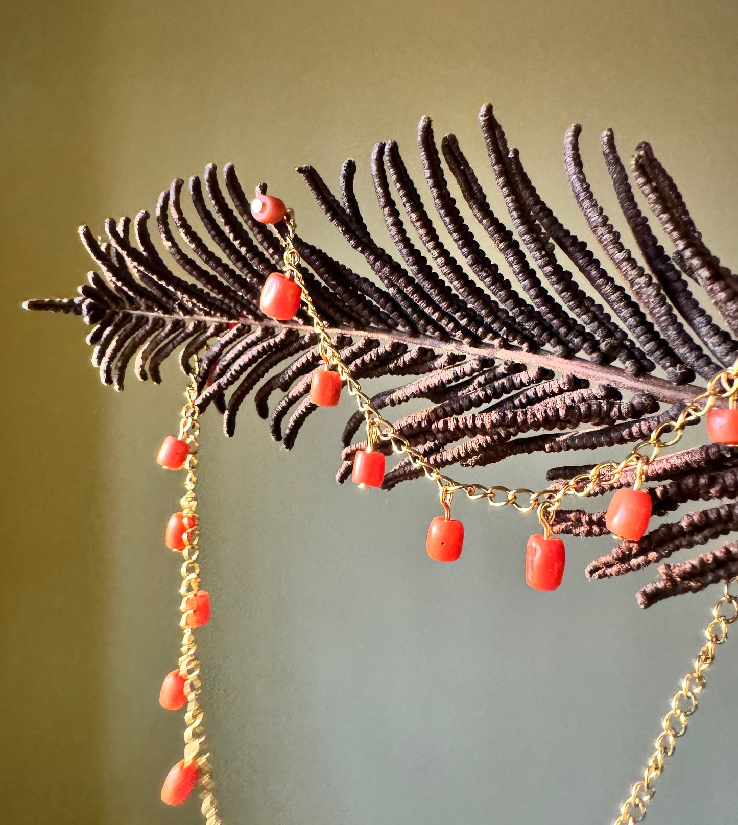 Delicate Dangly Coral Beads on Gold Chain Necklace
