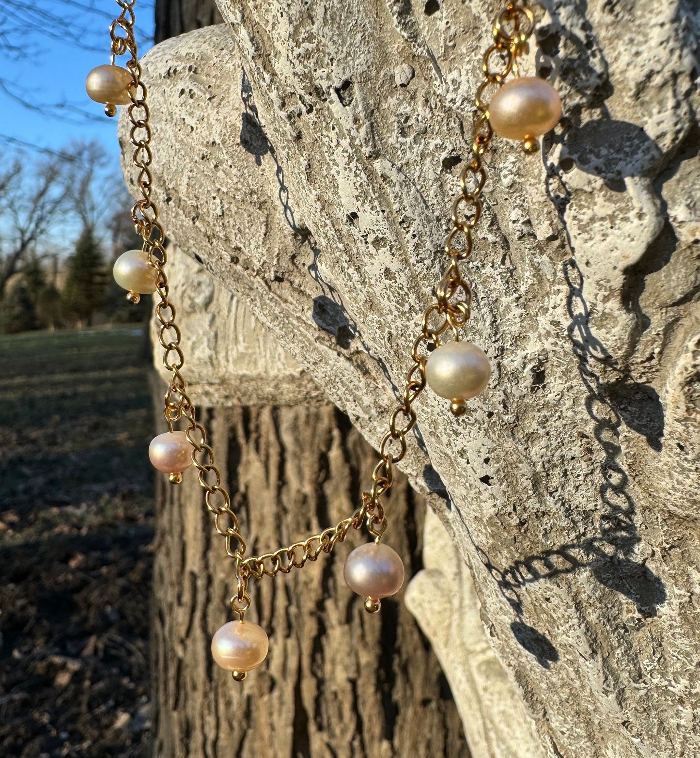 Ivory and Pink Pearls Dangling on Gold Chain Necklace - Real Freshwater Pearls