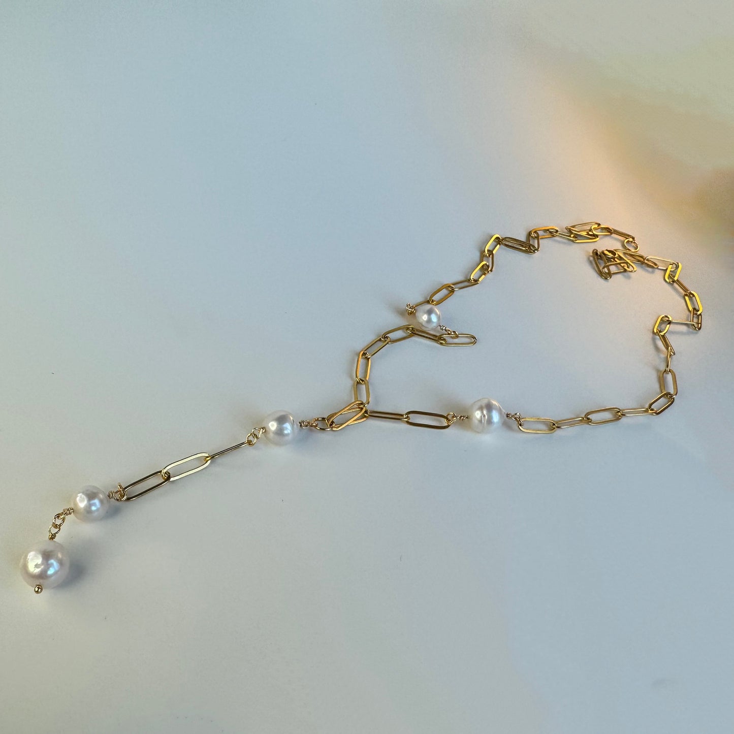 Large Baroque Edison Pearls on Gold Paperclip Long Y Chain Necklace