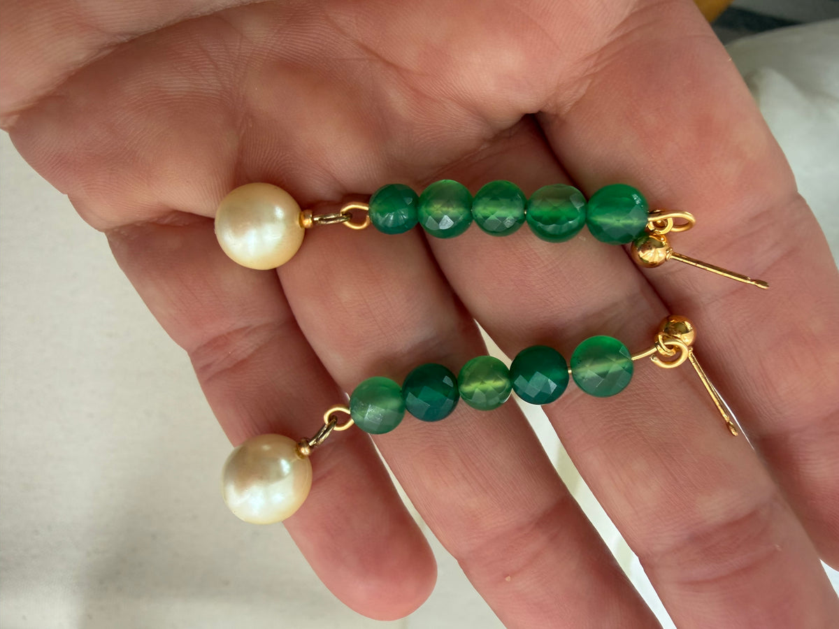 Green Agate & Glass Pearl Drop Earrings