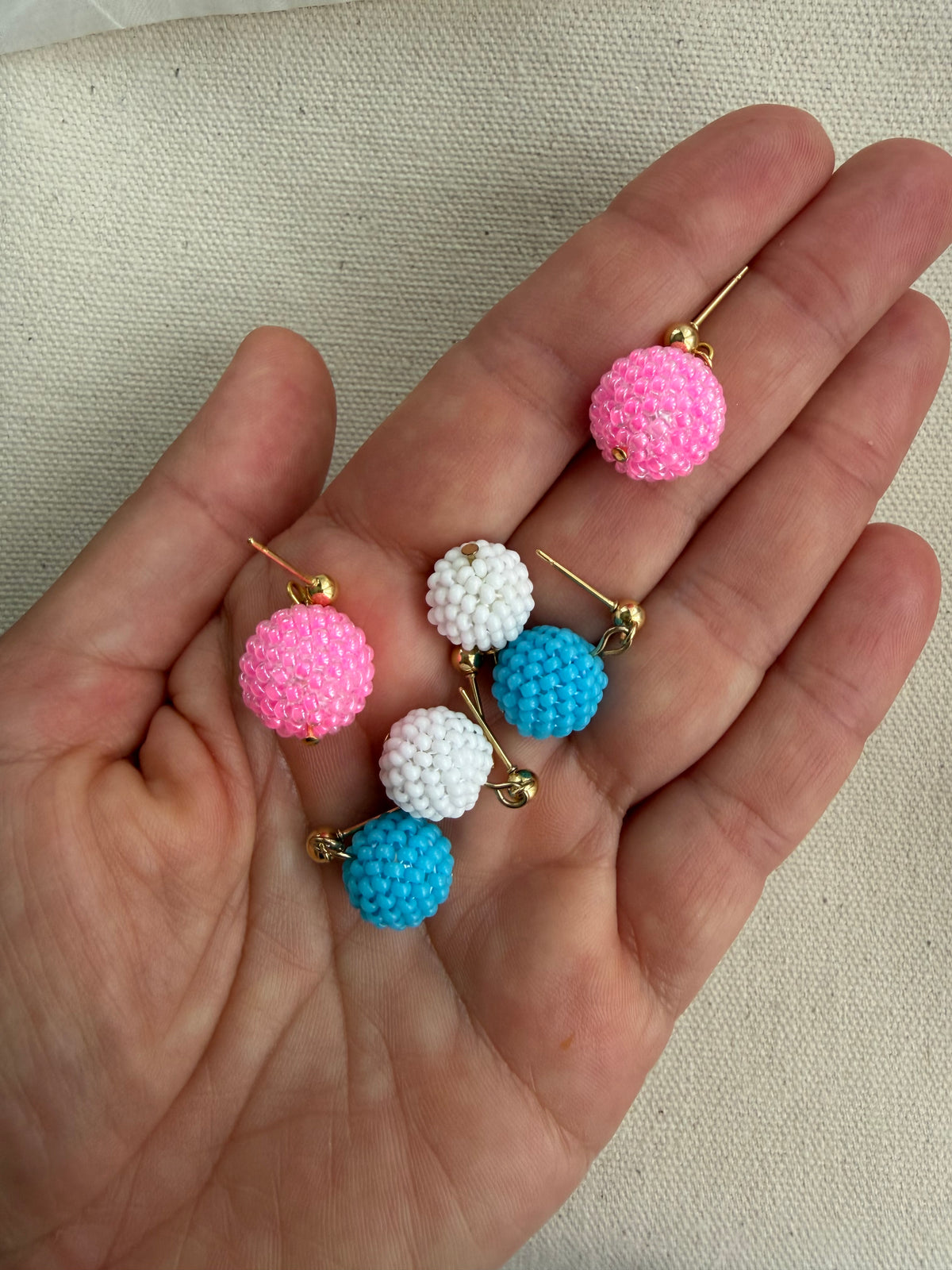 Hand-Stitched Beaded Sphere Stud Earrings — Blue