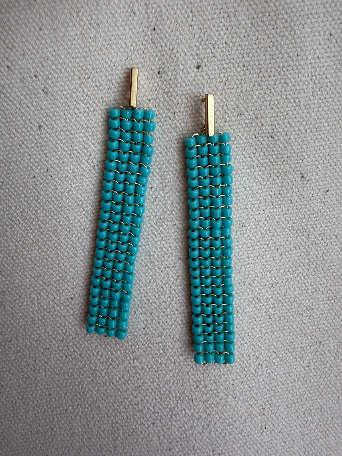 Teal Woven Seed Bead Bar Earrings