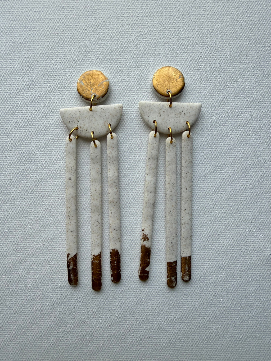 White & Gold Fringe Earrings — Circle Stud