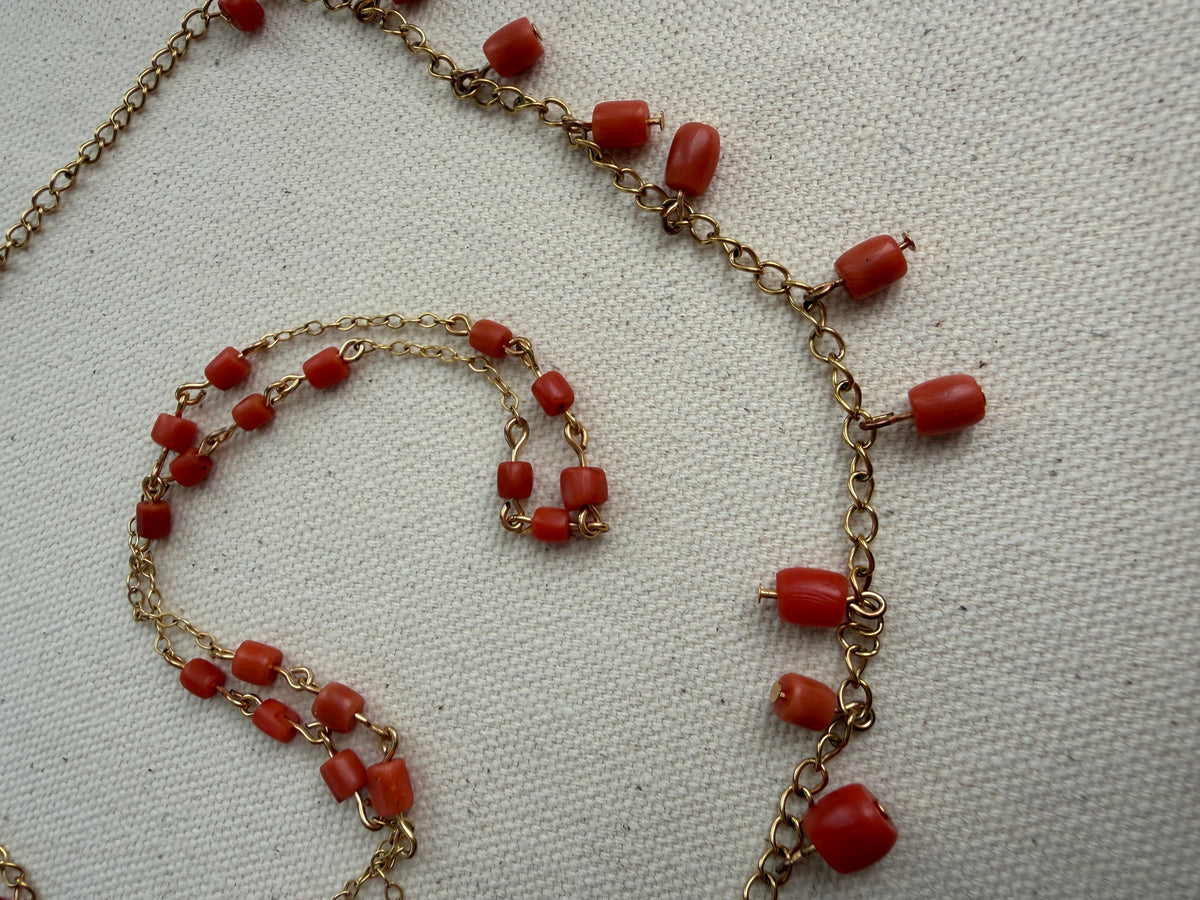 Vintage Coral Station Necklace — Gold Curb Chain