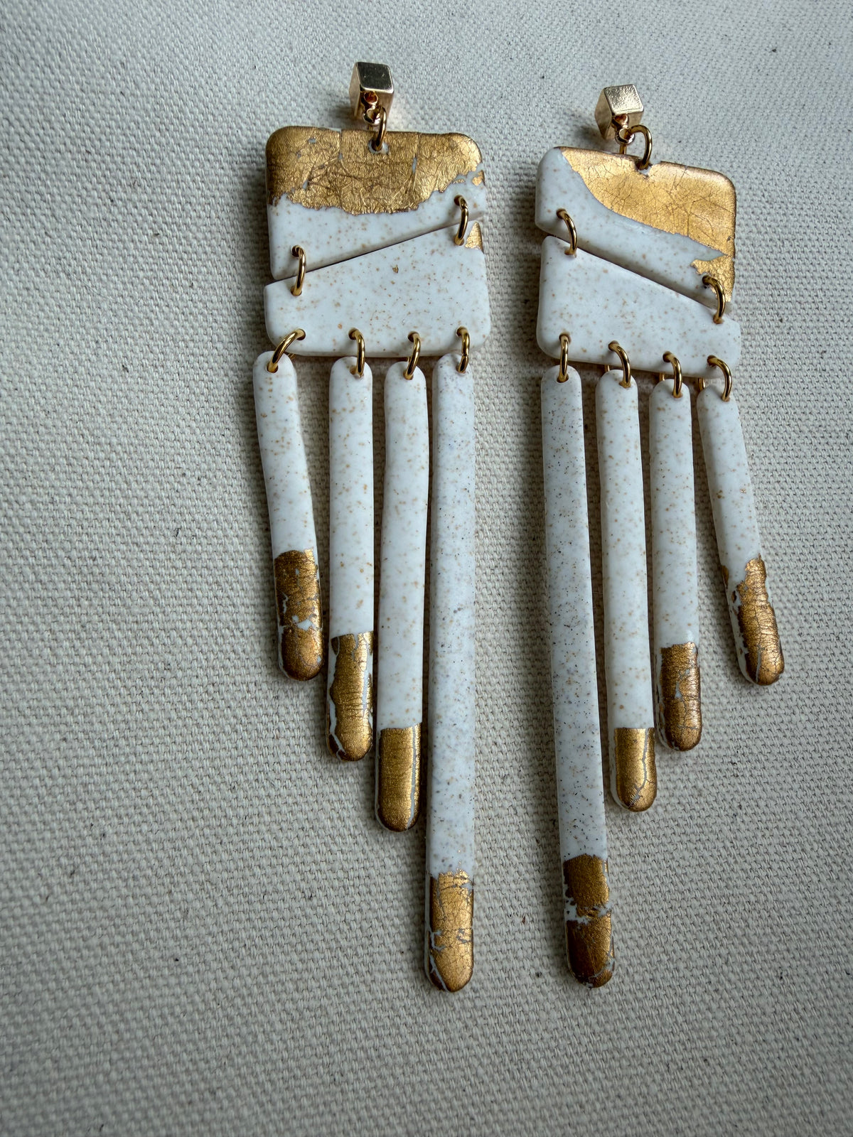White & Gold Fringe Earrings — Angular Top