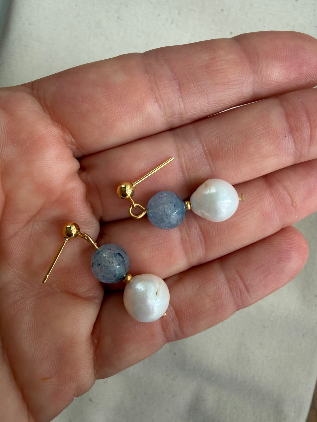 Blue Stone & Baroque Pearl Drop Earrings