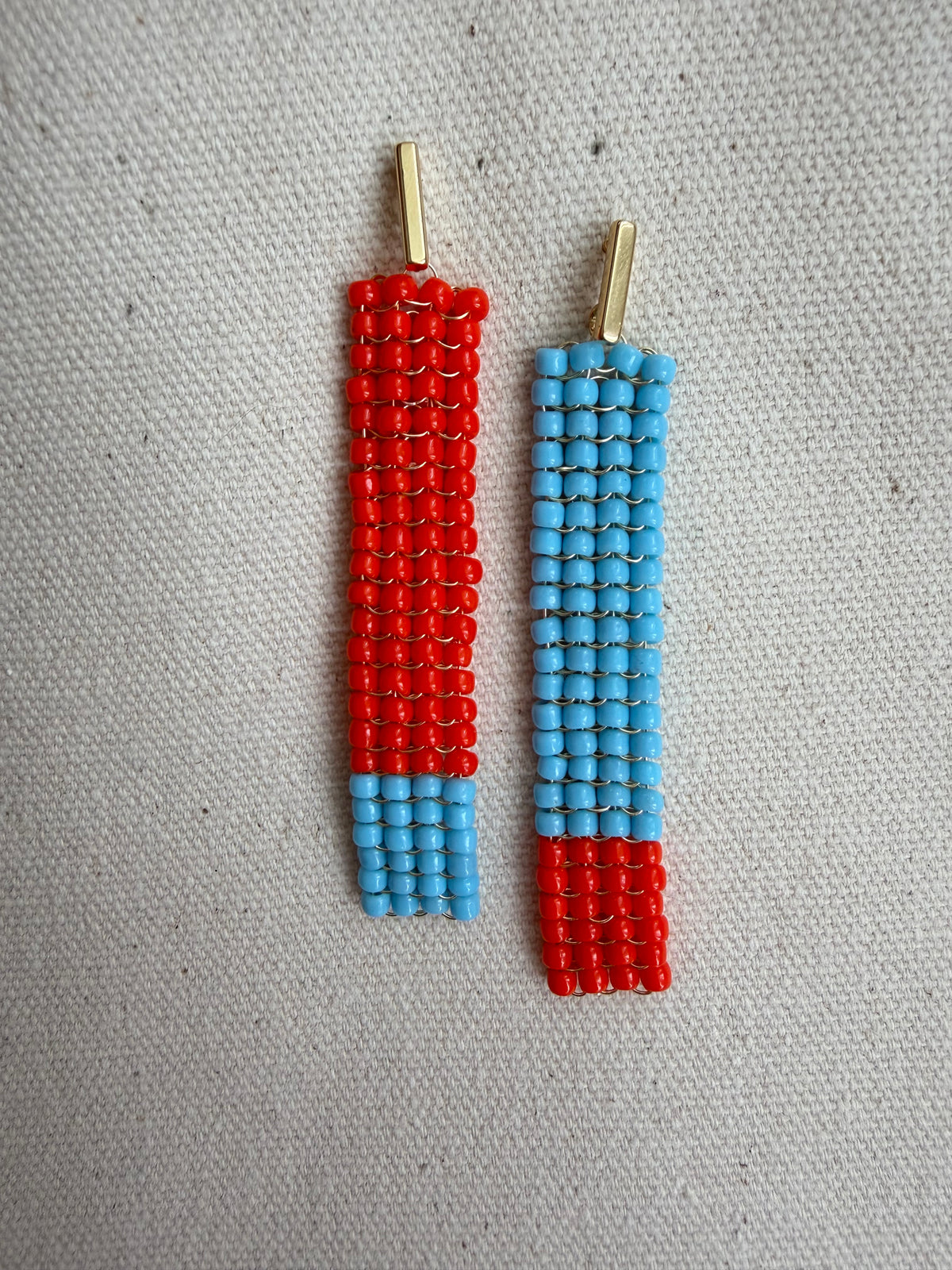 Mismatched Blue & Orange Woven Bar Earrings