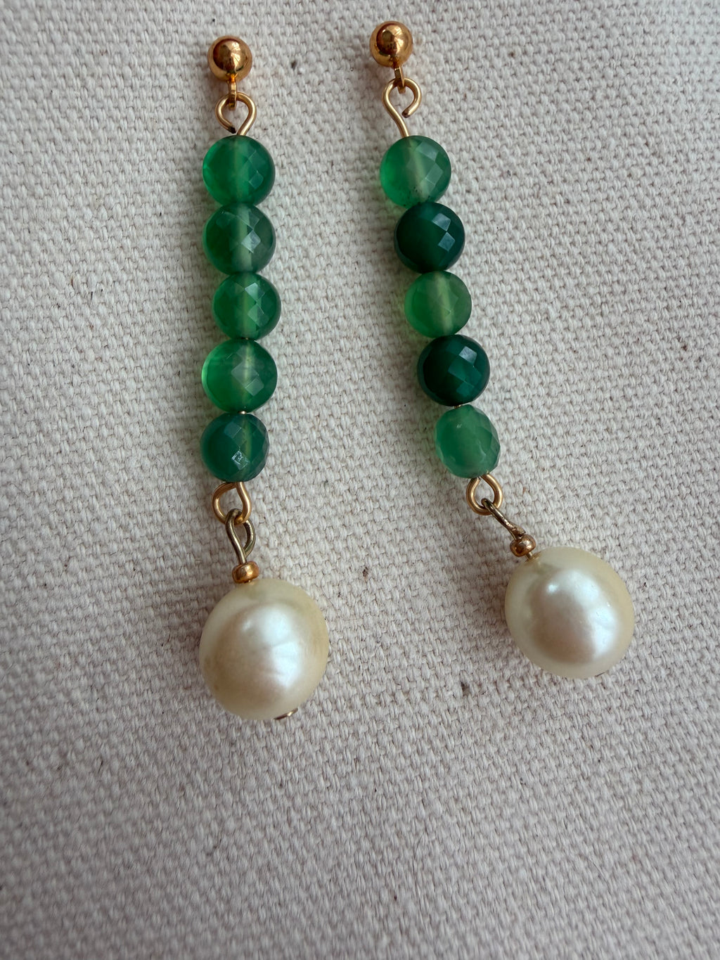 Green Agate & Glass Pearl Drop Earrings