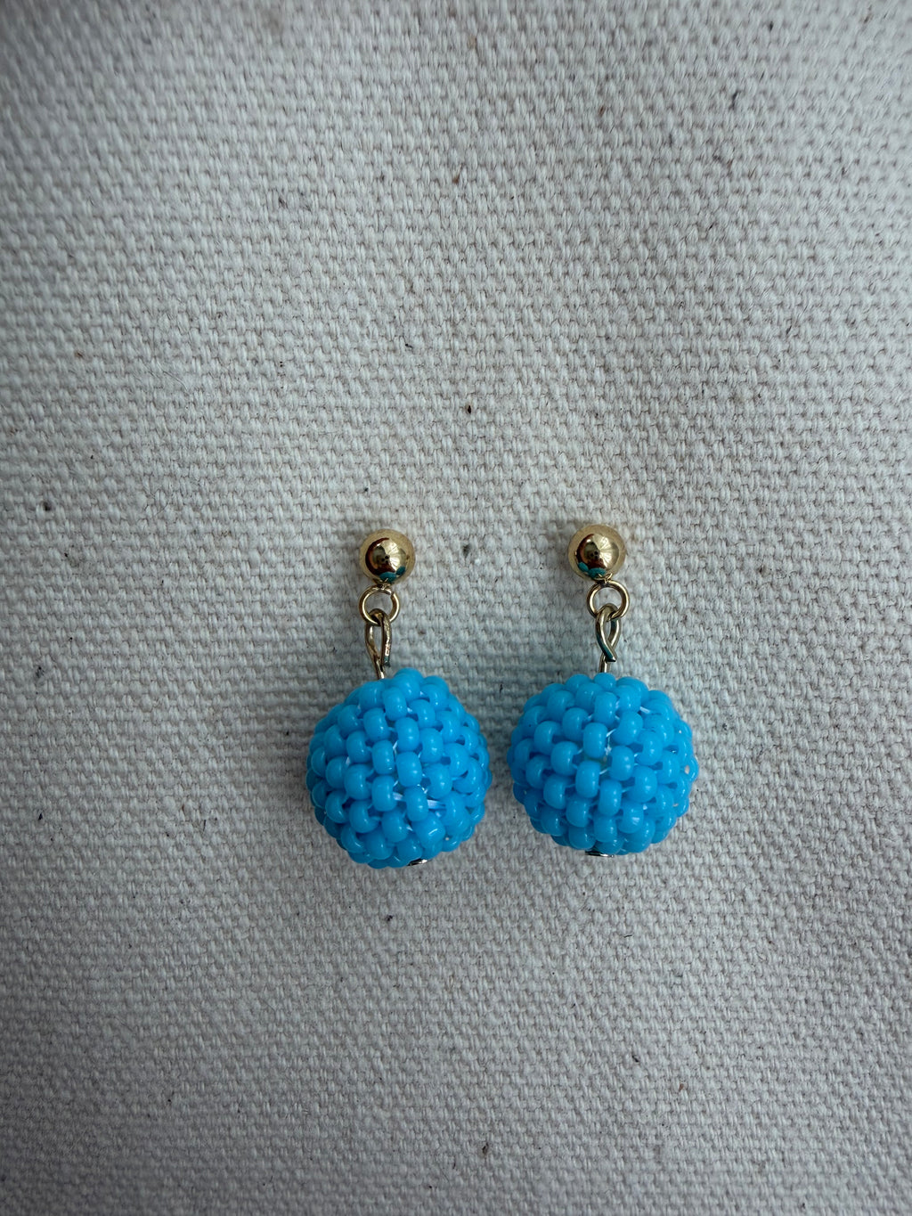 Hand-Stitched Beaded Sphere Stud Earrings — Blue