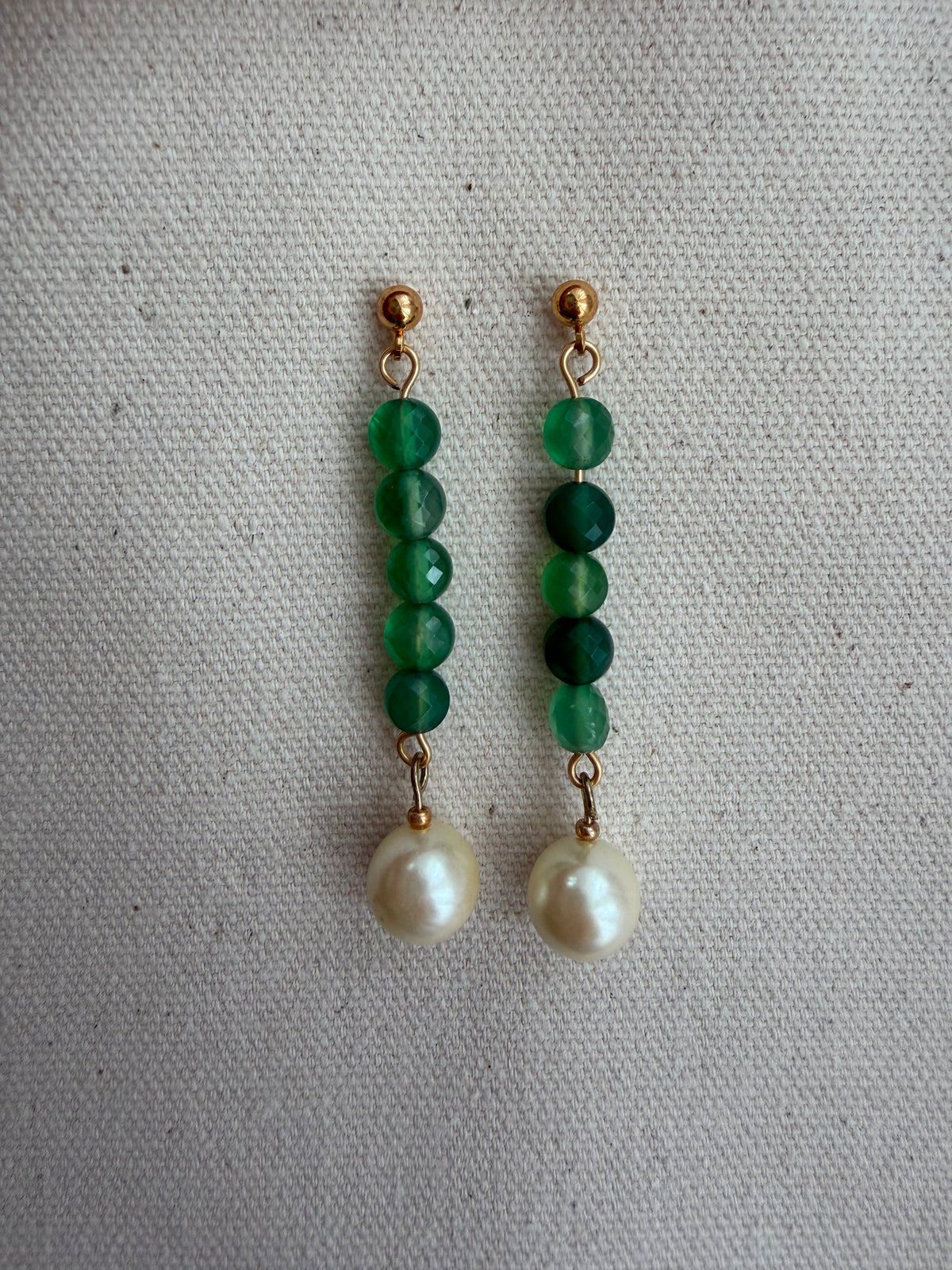 Green Agate & Glass Pearl Drop Earrings
