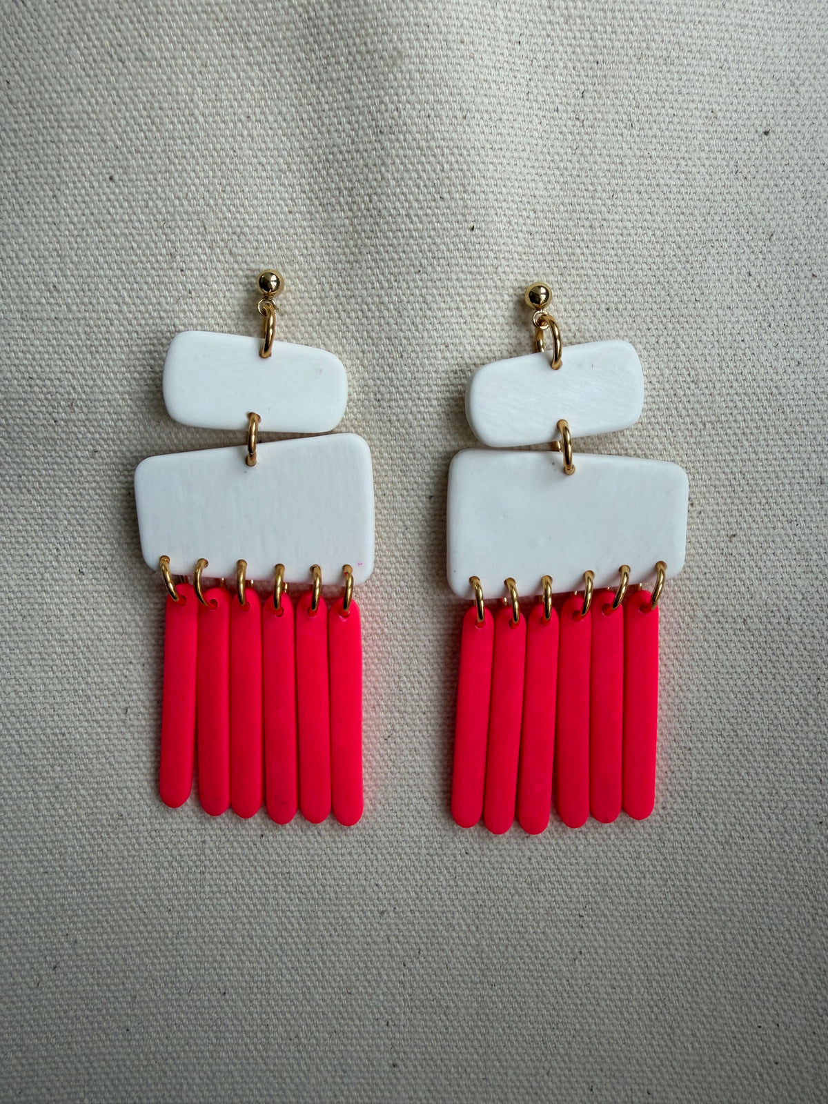 White Clay & Coral Fringe Earrings — Stacked Rect
