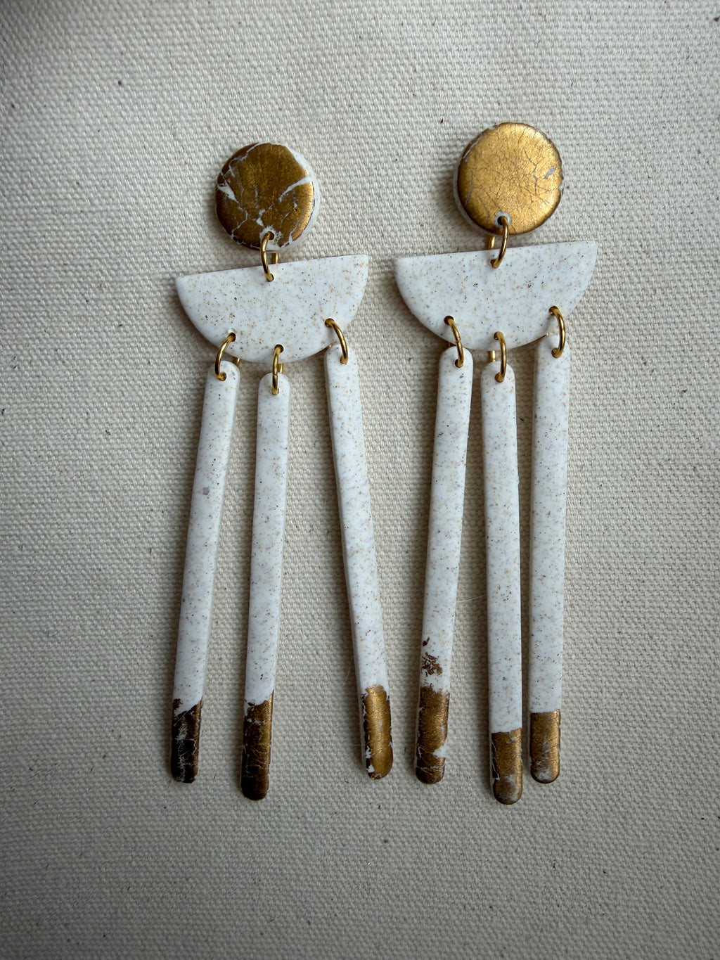 White & Gold Fringe Earrings — Circle Stud