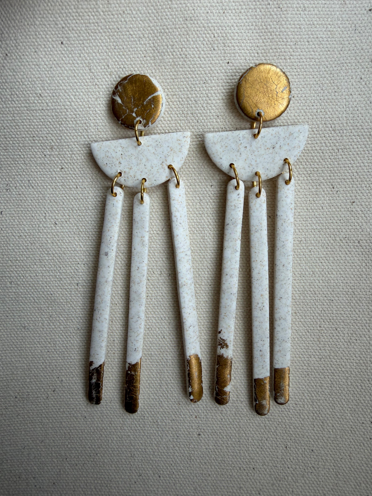 White & Gold Fringe Earrings — Circle Stud