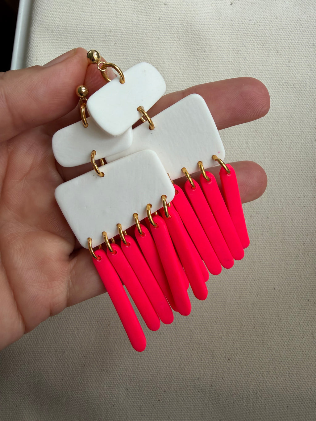 White Clay & Coral Fringe Earrings — Stacked Rect