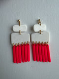 White Clay & Coral Fringe Earrings — Stacked Rect