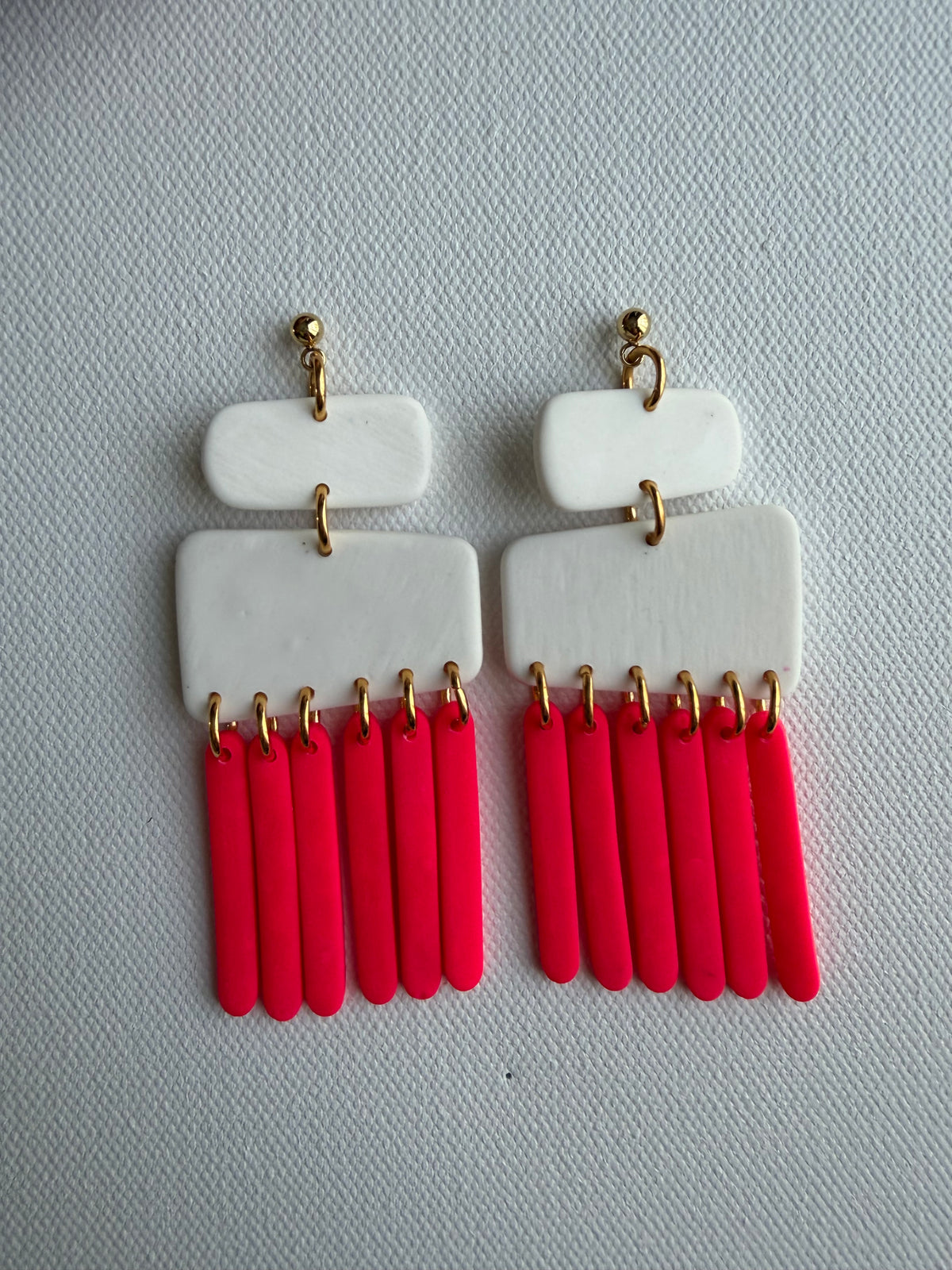 White Clay & Coral Fringe Earrings — Stacked Rect