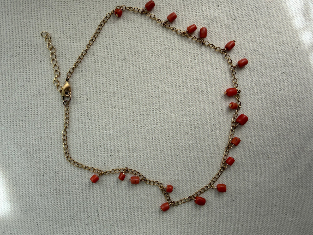 Vintage Coral Station Necklace — Gold Curb Chain
