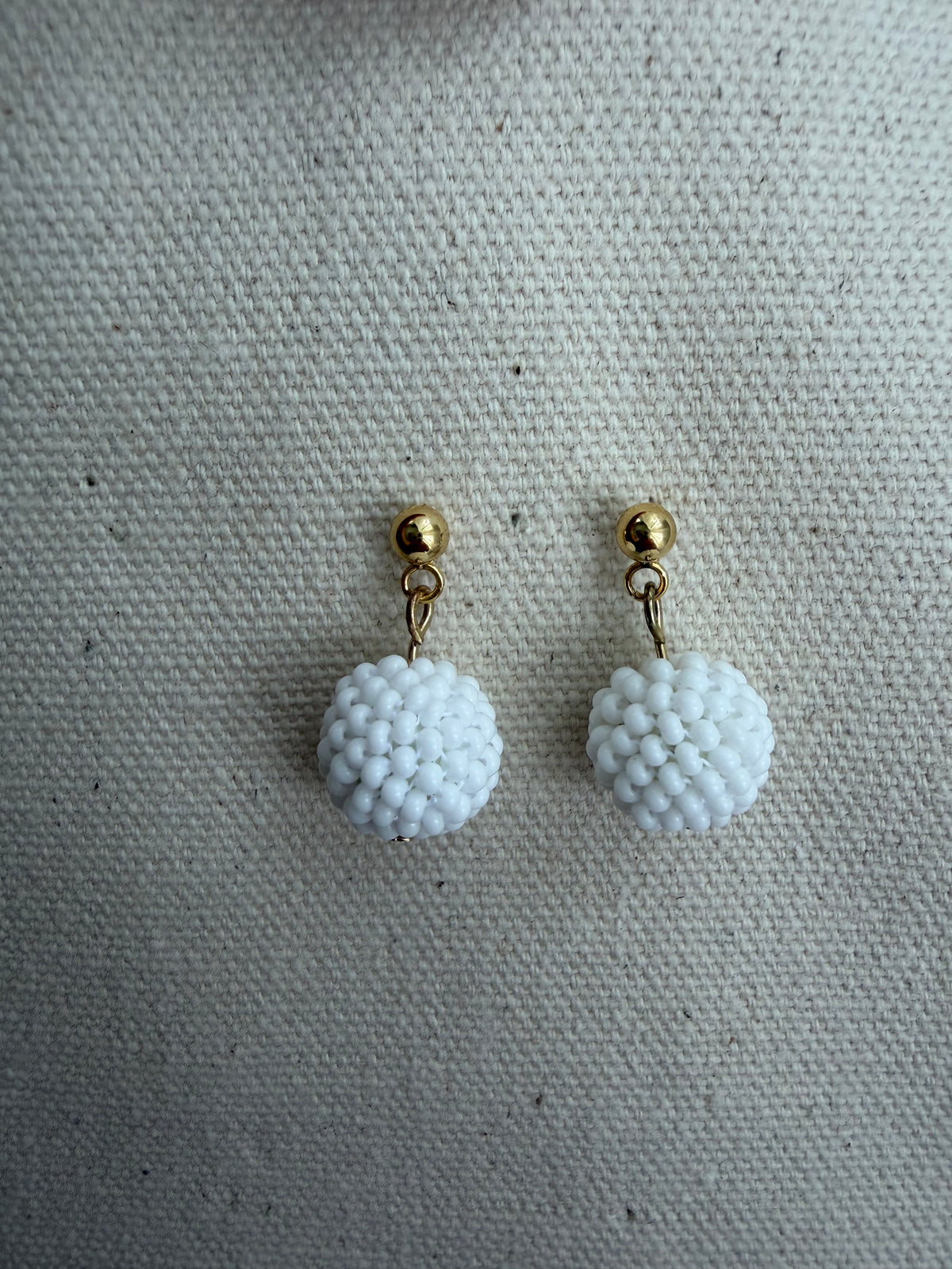 Hand-Stitched Beaded Sphere Stud Earrings — White