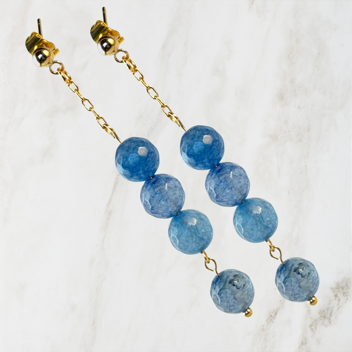 Blue Agate Dangle Earrings on Gold-Plated Chain