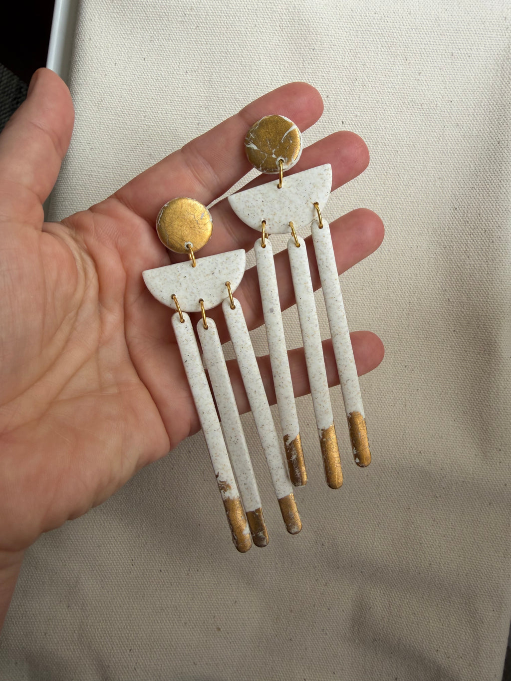 White & Gold Fringe Earrings — Circle Stud