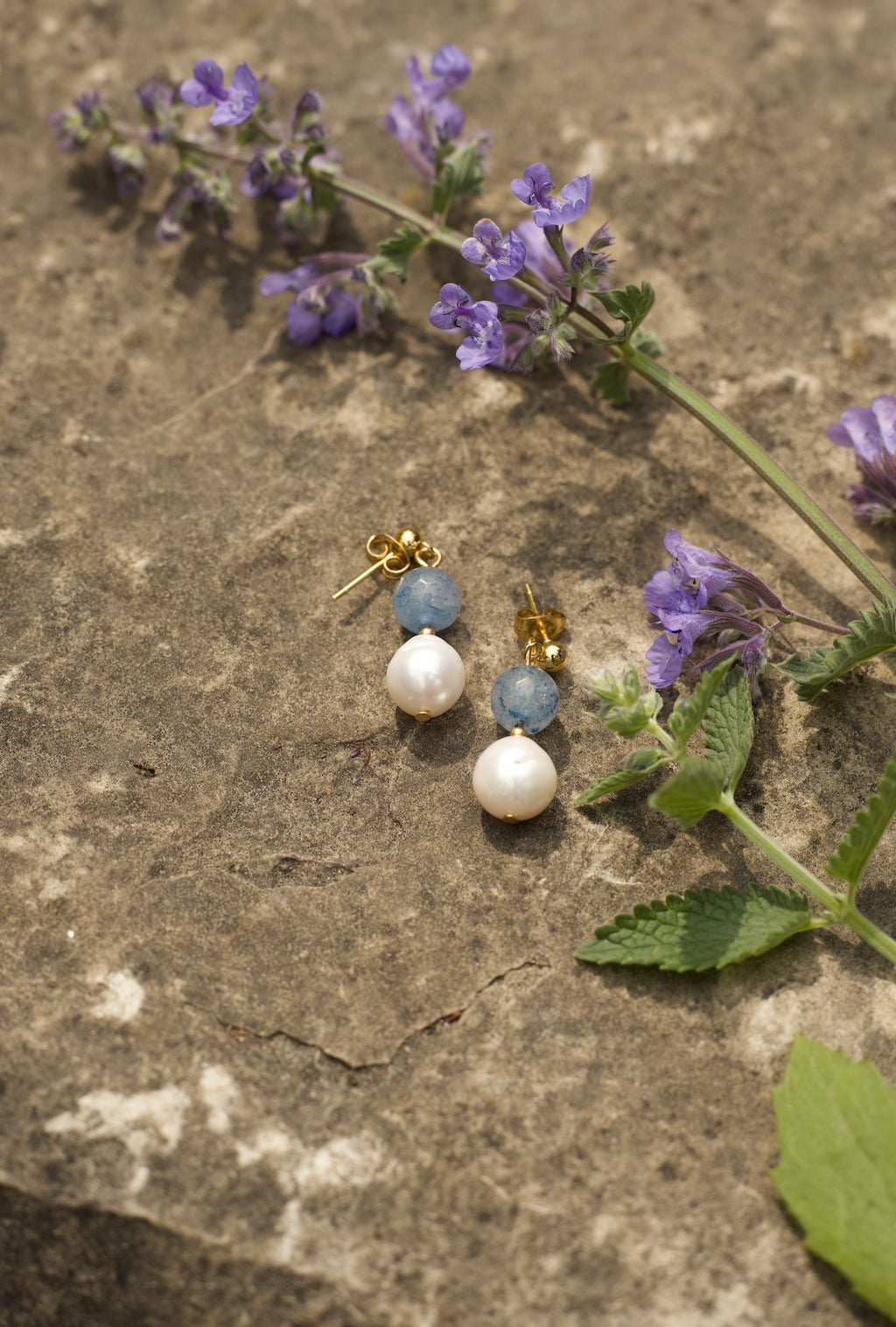 Blue Stone & Baroque Pearl Drop Earrings