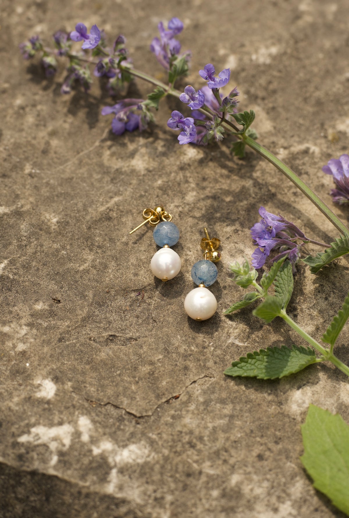 Blue Stone & Baroque Pearl Drop Earrings