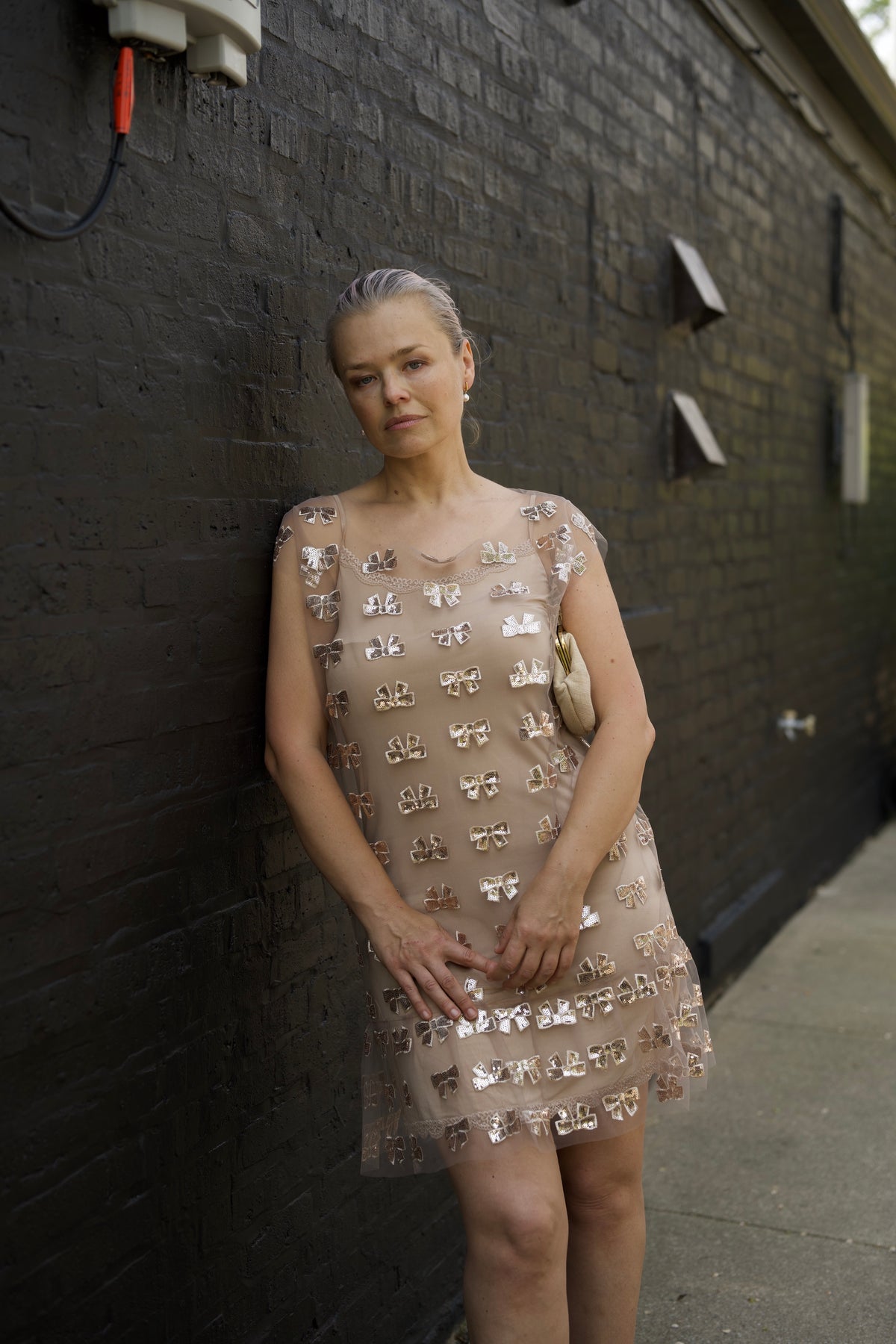 Champagne Sequin Bow Sheer Mini Dress