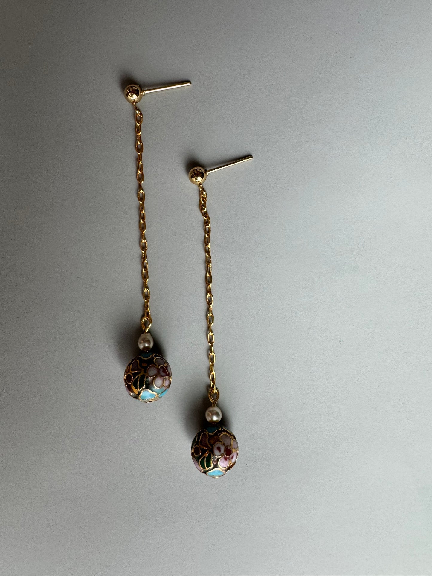 Vintage Enamel Bead on Long Dangle Earrings