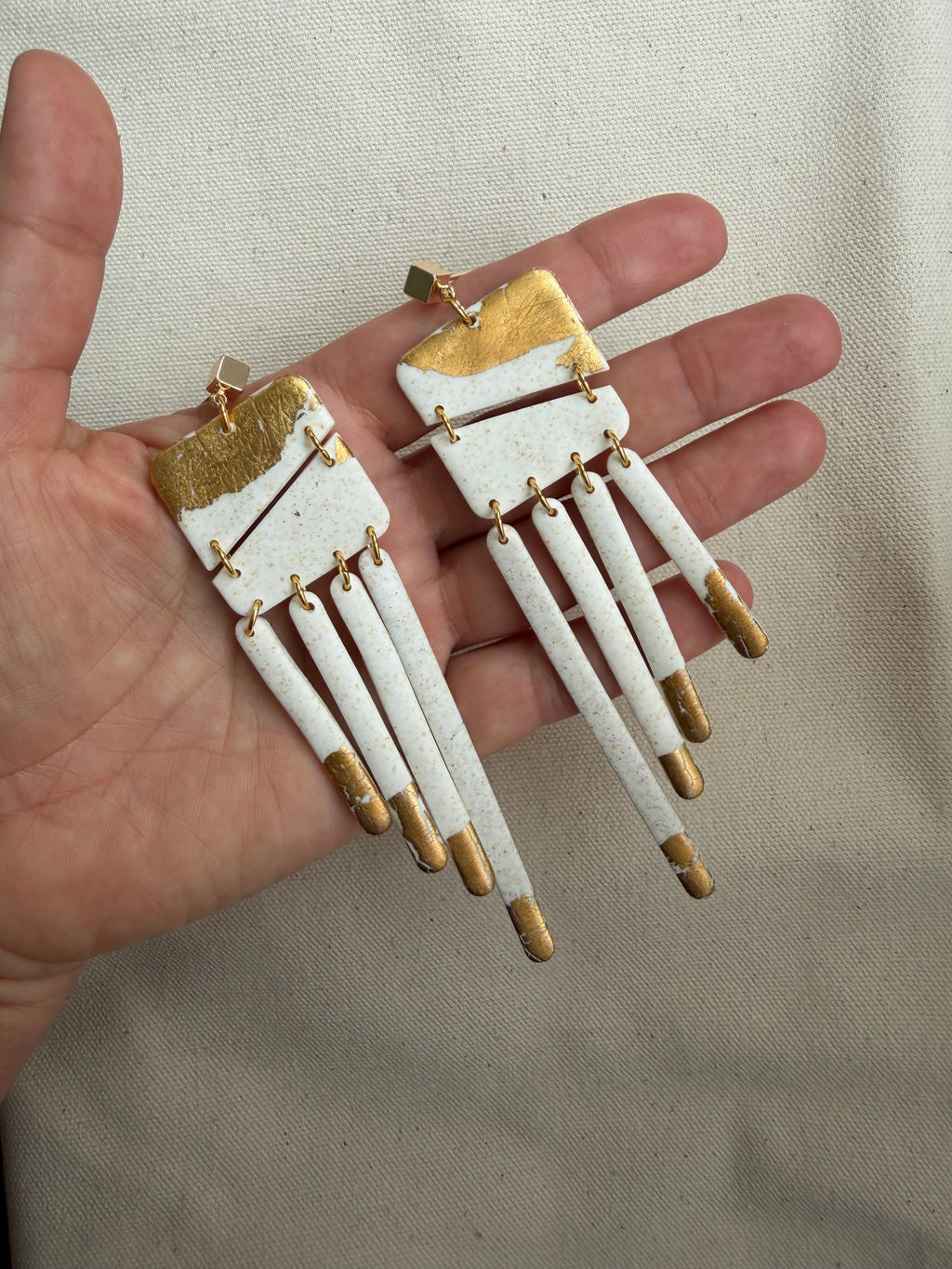 White & Gold Fringe Earrings — Angular Top