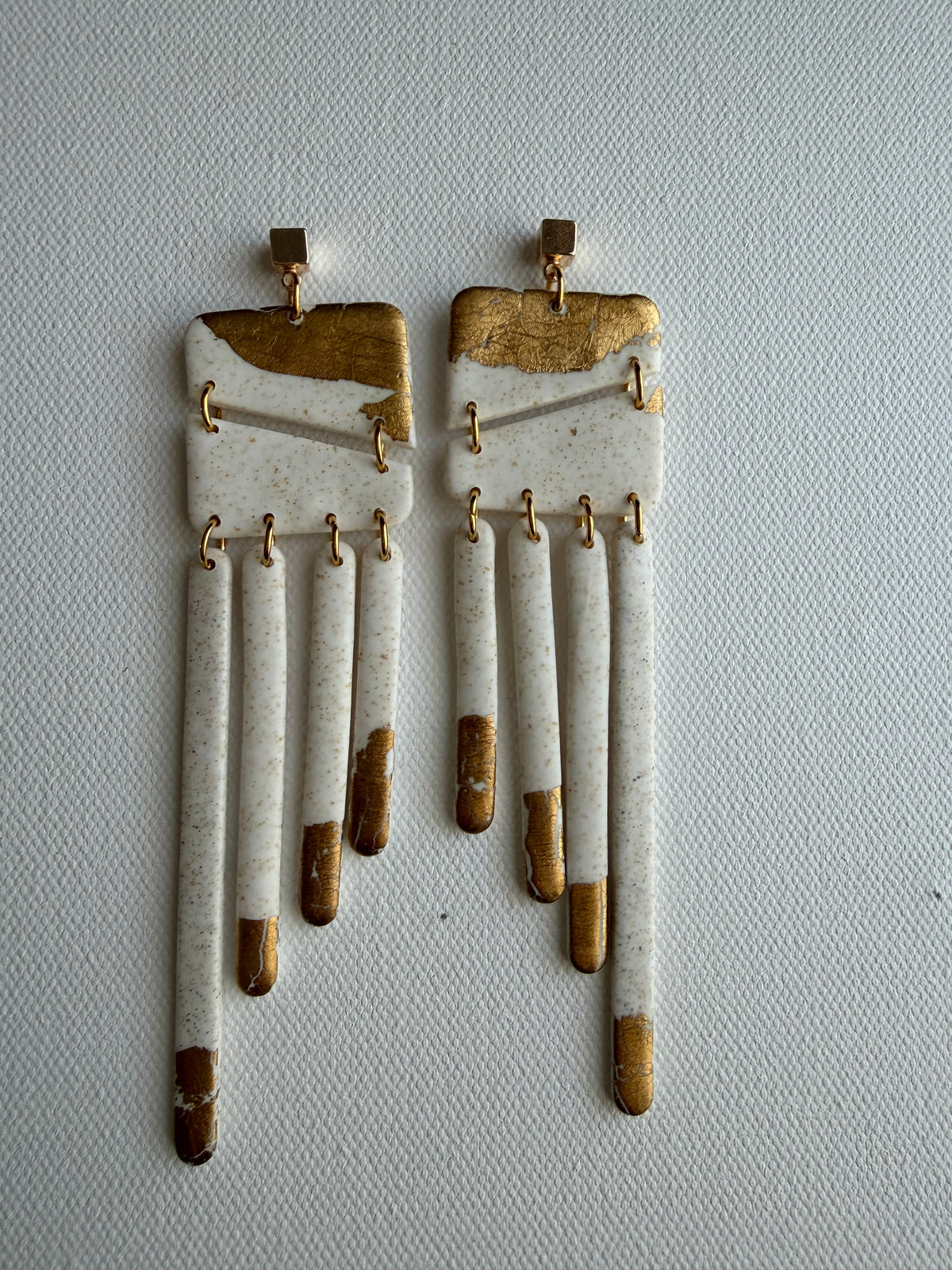 White & Gold Fringe Earrings — Angular Top