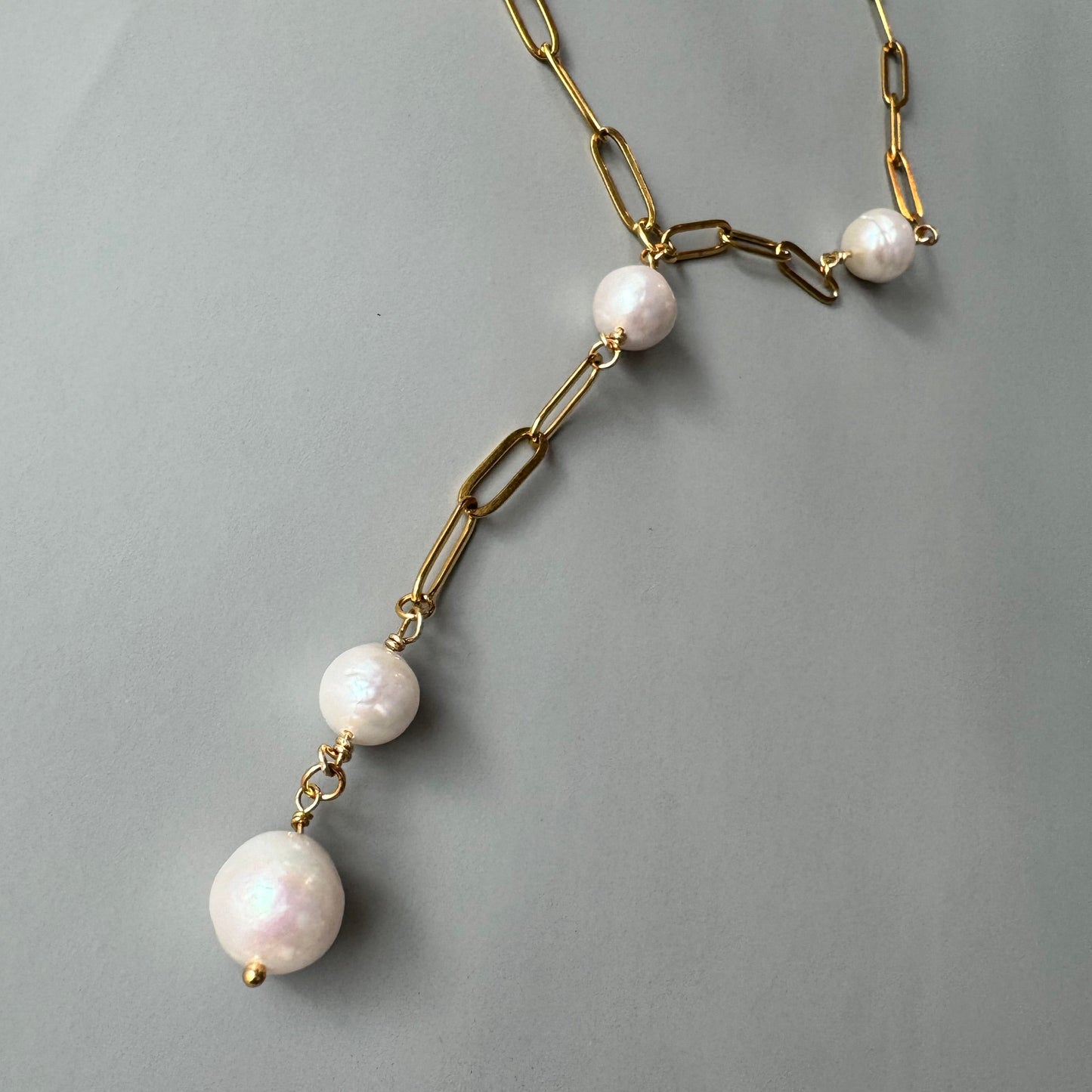 Large Baroque Edison Pearls on Gold Paperclip Long Y Chain Necklace