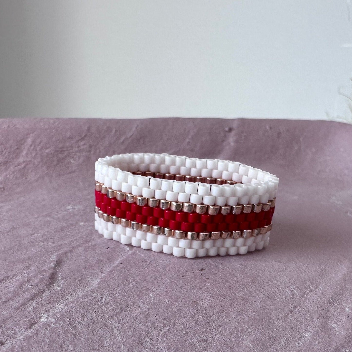 White Red and Gold Beaded Ring