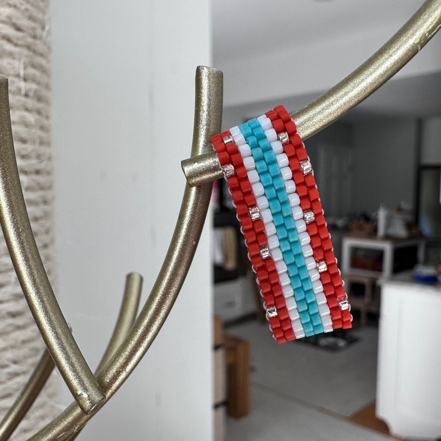Red, White and Turquoise Blue Beaded Ring with Specs of Gold