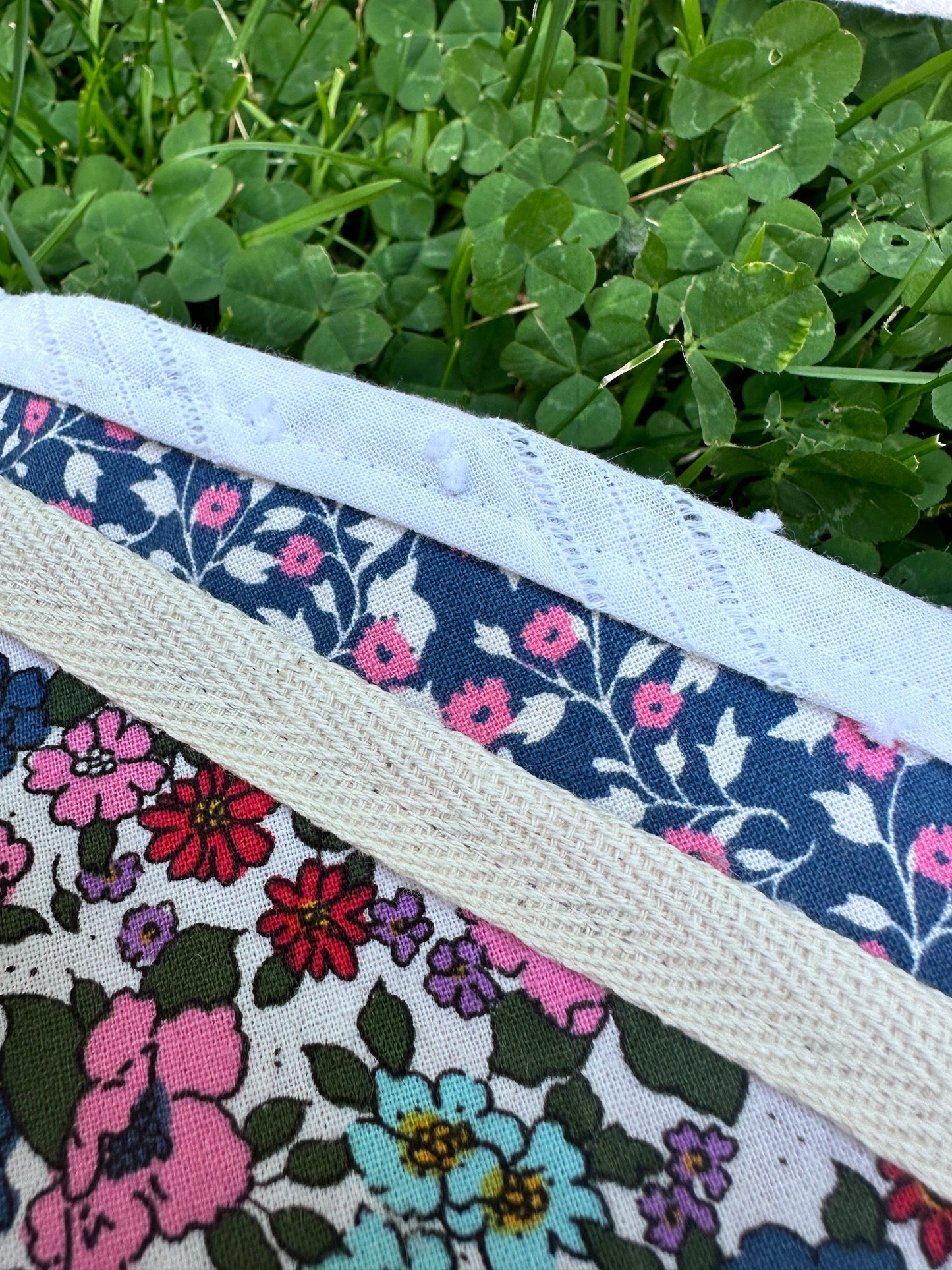 Vintage Fabric Hair Kerchief - White and Blue Flowers on Pink Background