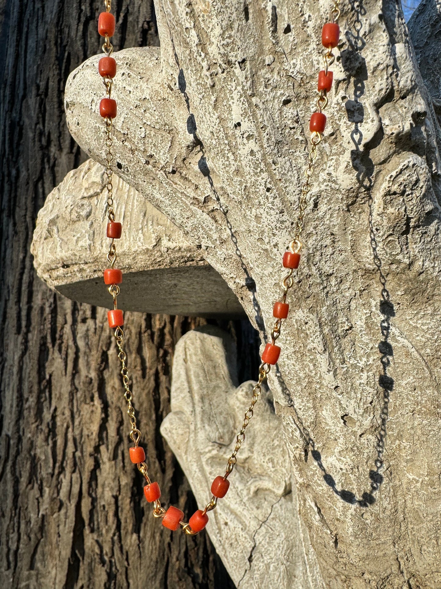 Delicate Coral Beads on Gold Chain Necklace