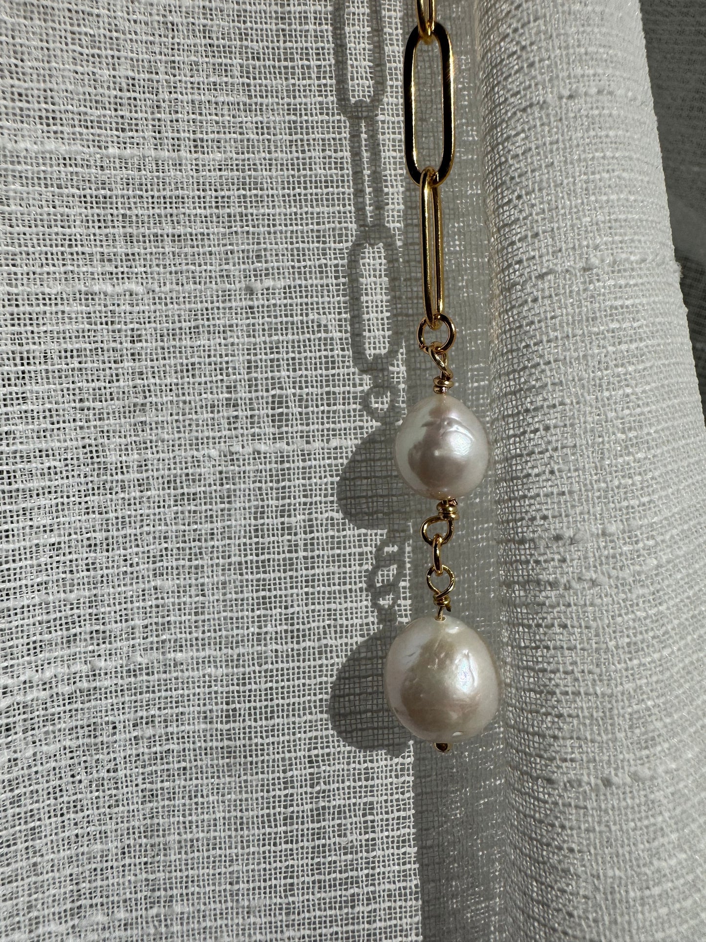 Large Baroque Edison Pearls on Gold Paperclip Long Y Chain Necklace